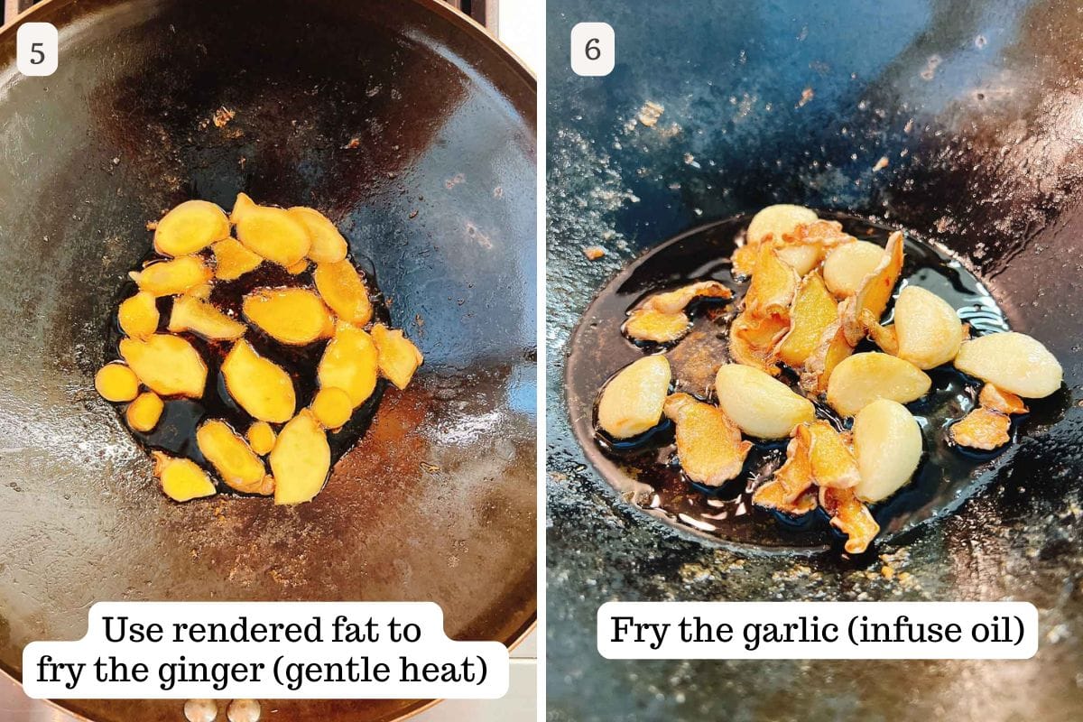 Side-by-side photos of a wok: on the left, ginger slices frying in oil; on the right, garlic cloves sizzling. Both images feature step-by-step instructions for making Taiwanese Three Cup Chicken.