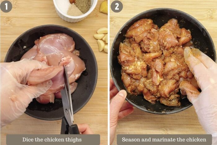Step-by-step photo shows dicing the chicken thighs and marinate them before frying.