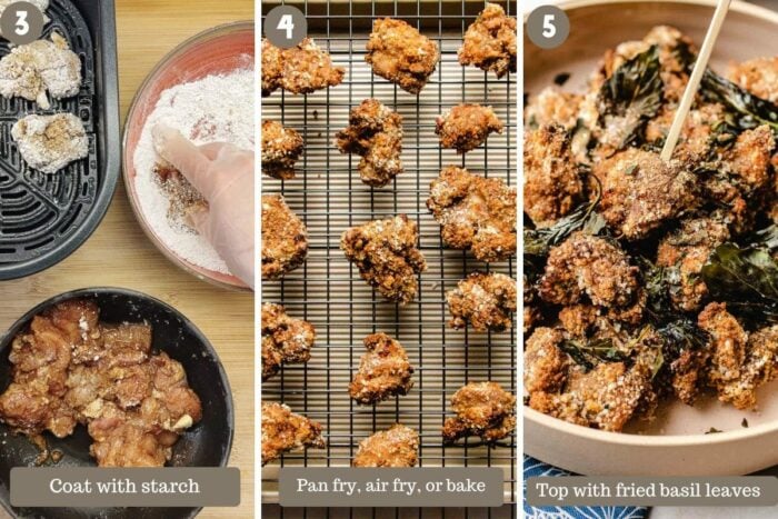 Step-by-step photo shows coating the chicken, then fry the chicken, and garnish and serve.