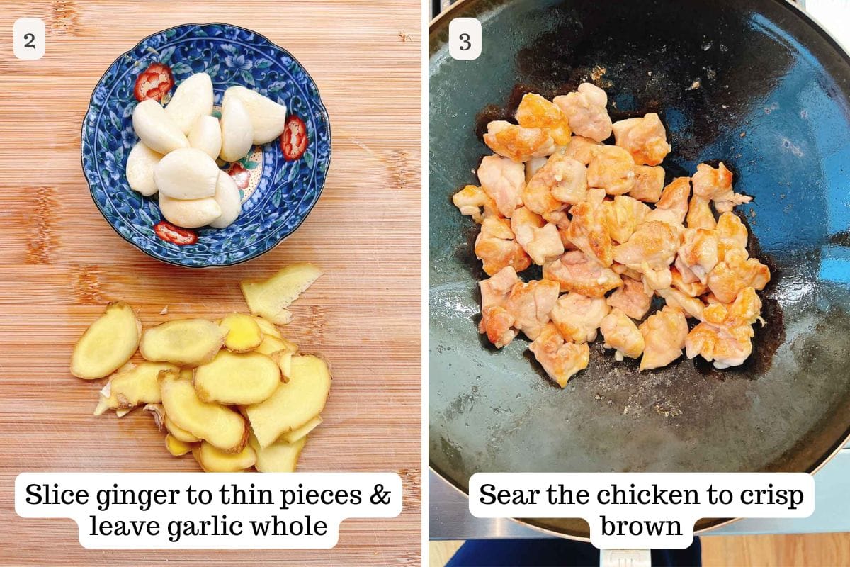 Left: A small blue bowl with whole garlic cloves on a wooden board, next to thin slices of ginger. Right: Chicken pieces for Taiwanese three cup chicken searing and browning in a black wok with instructional text overlays.