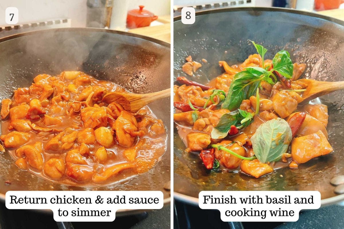 Two-step cooking guide: Left image—Taiwanese three cup chicken simmering in sauce in a wok; right image—cooked chicken topped with fresh basil, cooking wine, and dried chilies, all being stirred with a wooden spoon.