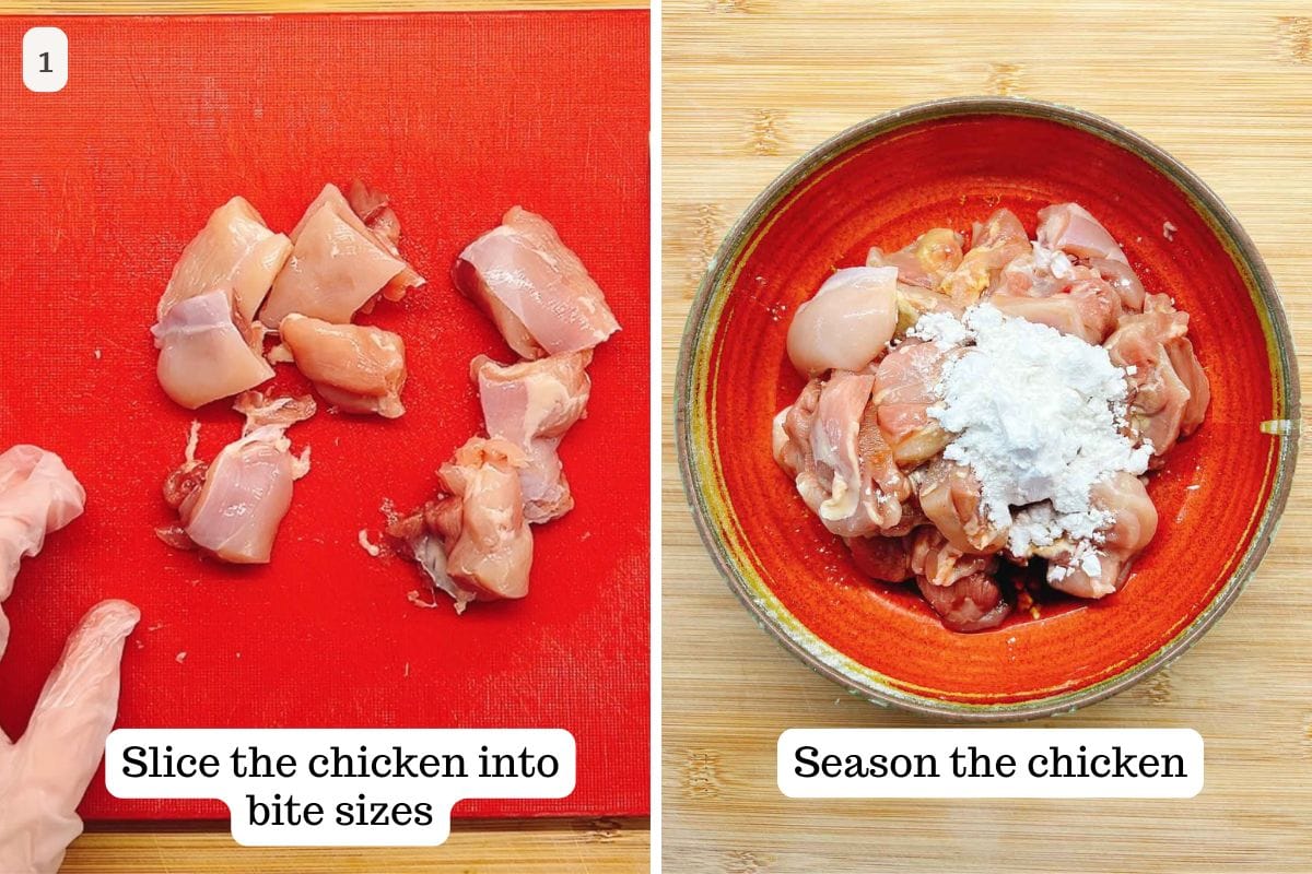 Split image: Left shows a gloved hand cutting raw chicken into bite-size pieces for taiwanese three cup chicken. Right displays the chicken in a bowl with white seasoning on top. Text: Slice the chicken into bite sizes and season the chicken.