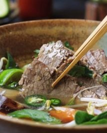 Paleo Beef Brisket Pho. Paleo beef pho instant pot recipe with tender brisket in light and aromatic broth. Perfect light supper that everyone in the family can enjoy ! IHeartUmami.com