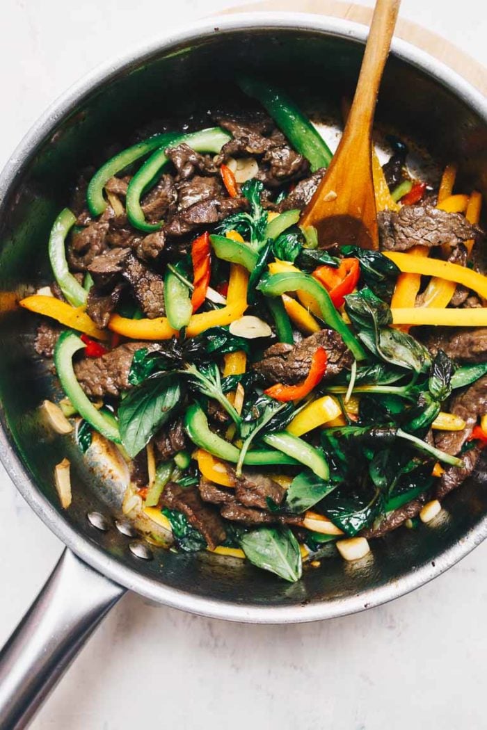Paleo Thai Basil Beef Stir-Fry recipe Whole30 and Keto friendly.