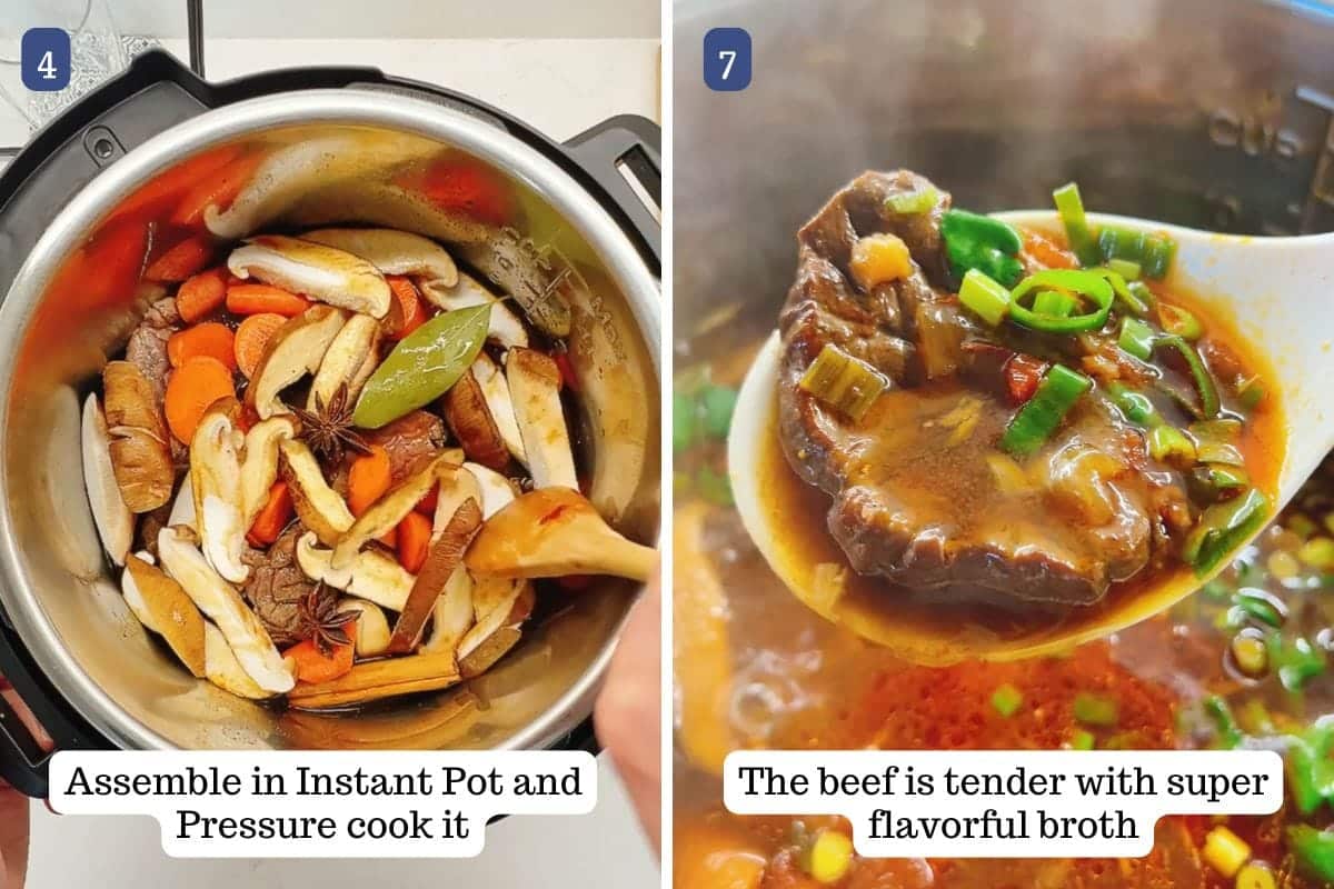 Person demos adding the ingredients into a pressure cooker to cook the beef until tender.