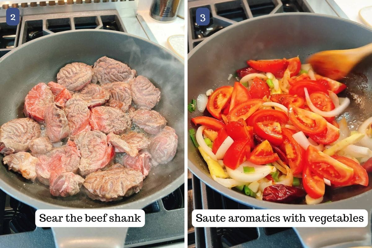 Person demos pan searing beef shank then saute with vegetables and sauce on a stovetop.