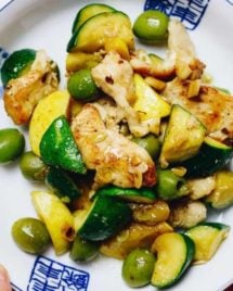 Chicken Zucchini Stir Fry with yellow squash and green olives. Paleo, Whole30, and Keto recipe.