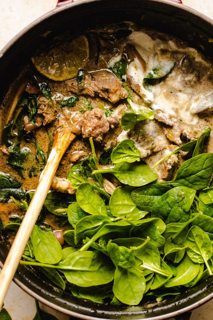A close shot of the lamb stew dish with mushrooms and spinach