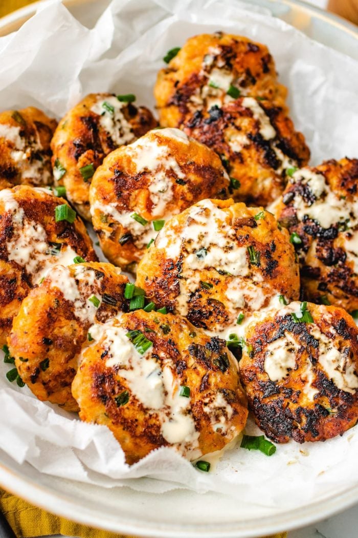 Sausage meatball patties drizzled with Whole30 ranch dressing