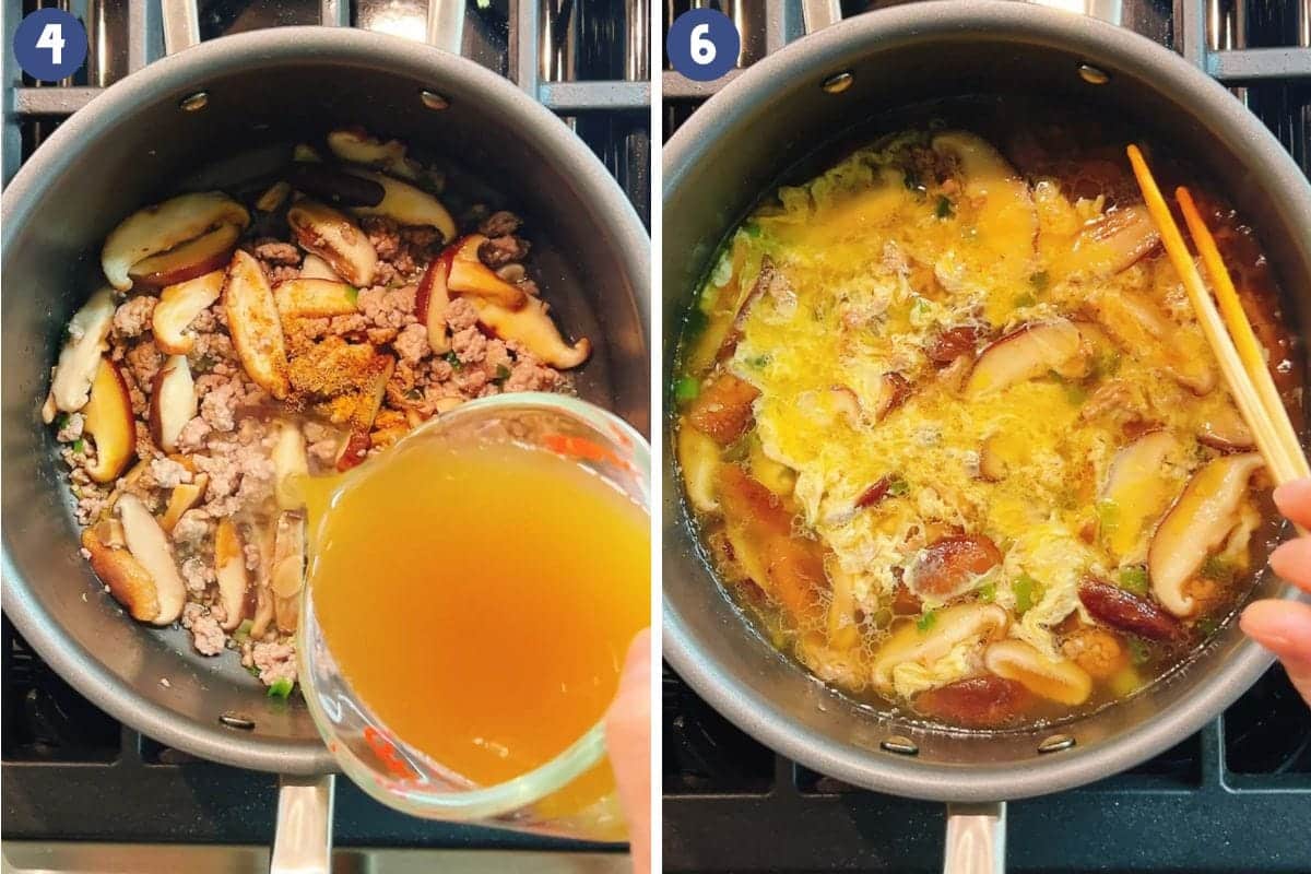 Person demos how to make egg drop soup flavorful with or without bone broth.