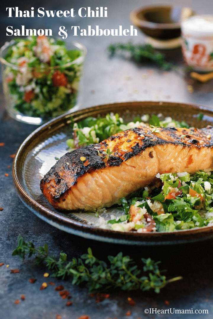 Paleo Thai sweet chili salmon. Paleo tabbouleh. Paleo tabouli. Delicious baked salmon with Thai sweet chili sauce with no added sugar. Perfect pair with grain-free Paleo tabbouleh (tabouli). IHeartUmami.com