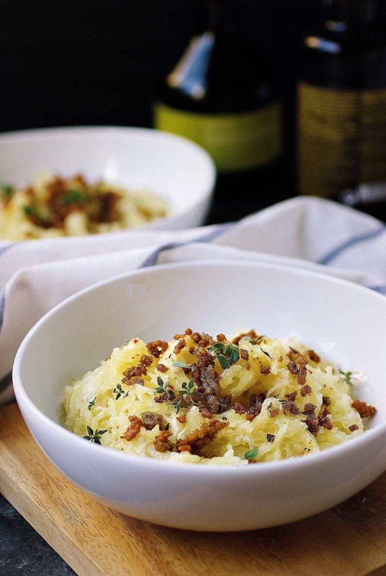 Delicious spaghetti squash noodles with creamy and smooth cashew cream sauce and meat crumbles 