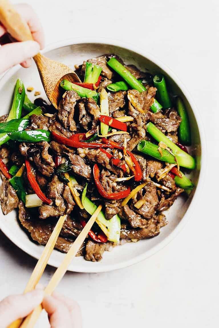 A feature image shows Chinese style Mongolian Beef made gluten-free paleo whole30 keto low carb, served over a big plate family style.