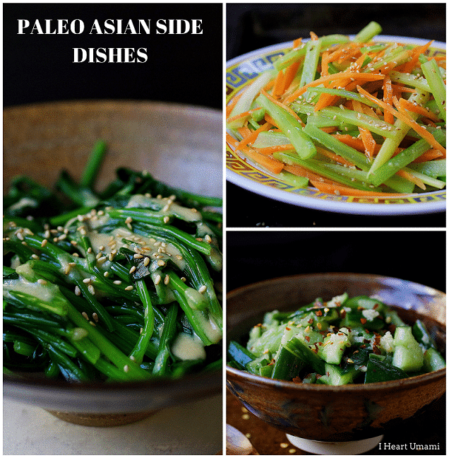 Paleo Asian Side Dishes. Simple and quick Paleo vegetable side dishes. Garlicky cucumbers, sesame spinach, celery carrot slaw. Paleo Asian food. Paleo Chinese food. IHeartUmami.com