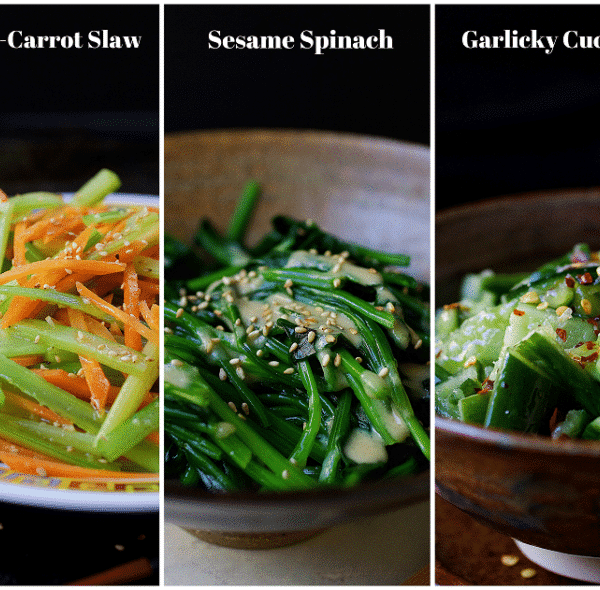 Paleo Asian Side Dishes. Simple and quick Paleo vegetable side dishes. Garlicky cucumbers, sesame spinach, celery carrot slaw. Paleo Asian food. Paleo Chinese food. IHeartUmami.com