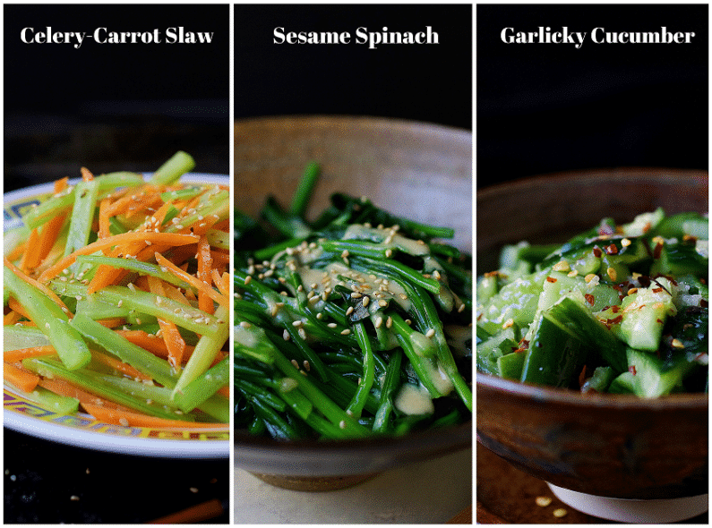 Paleo Asian Side Dishes. Simple and quick Paleo vegetable side dishes. Garlicky cucumbers, sesame spinach, celery carrot slaw. Paleo Asian food. Paleo Chinese food. IHeartUmami.com