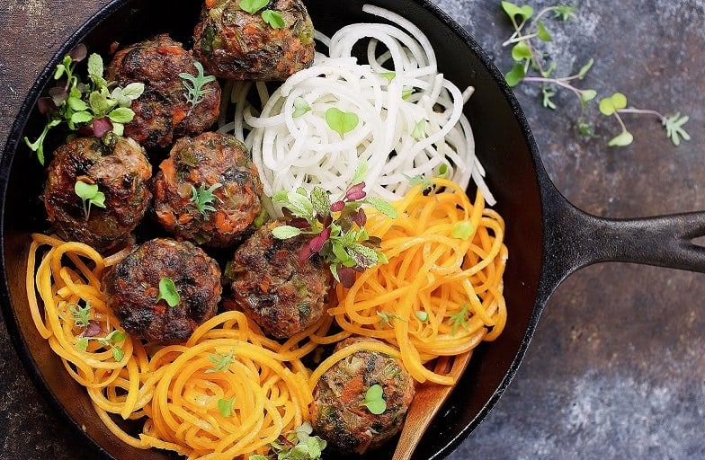 Paleo Asian Meatballs - Paleo jumbo size meatballs filled with vegetables and savory herbs. Whole30 Asian meatballs. Keto Asian meatballs. Paleo Chinese food. Paleo Asian food. IHeartUmami.com