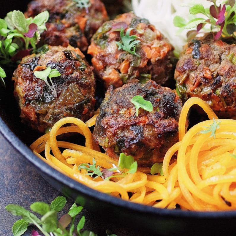 Paleo Asian Meatballs - Paleo jumbo size meatballs filled with vegetables and savory herbs. Whole30 Asian meatballs. Keto Asian meatballs. Paleo Chinese food. Paleo Asian food. IHeartUmami.com