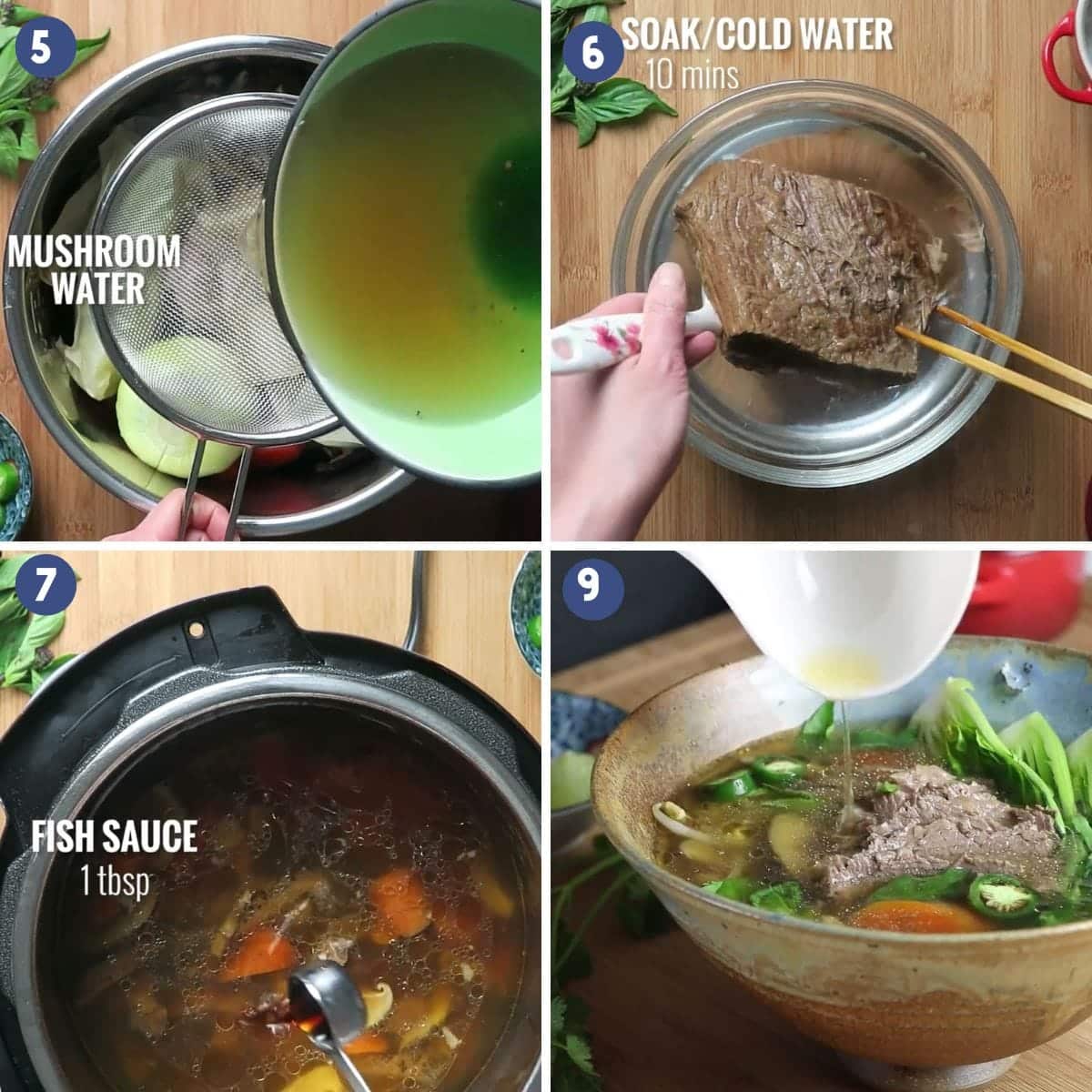 Person demos how to make pho and soak the brisket and season the broth before serving