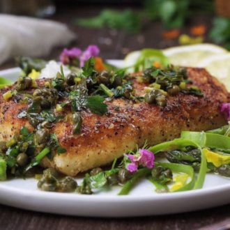 Paleo Halibut Lemon Piccata Asparagus Salad! Golden crispy Paleo fish fillet with light and refreshing lemon caper sauce. Perfect for quick easy weeknight meals and hot summer days.