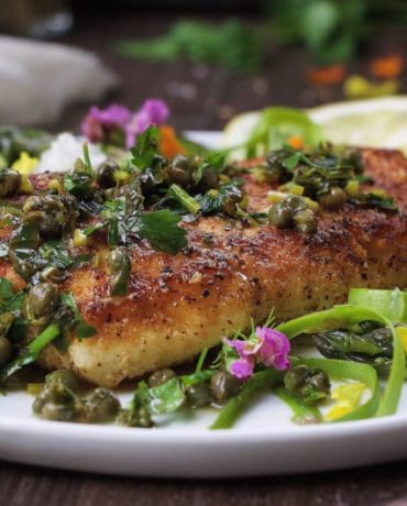 Paleo Halibut Lemon Piccata Asparagus Salad! Golden crispy Paleo fish fillet with light and refreshing lemon caper sauce. Perfect for quick easy weeknight meals and hot summer days.