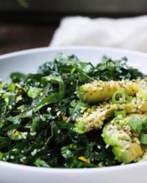 Paleo triple green kale salad ! Healthy easy Kale salad recipe with avocado, snow peas, and hemp seeds in light Asian soy-free ginger sesame dressing. Whole30, Keto, and vegan friendly !