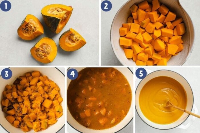 Person demos how to make kabocha squash soup on a stovetop