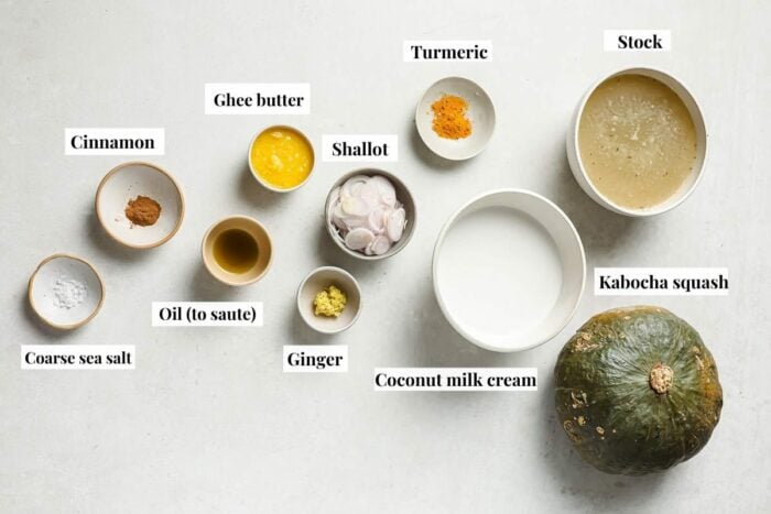 Photo shows ingredients needed to make Japanese pumpkin soup