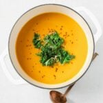 A recipe image shows Japanese pumpkin kabocha soup with turmeric ginger flavor made in a Dutch oven