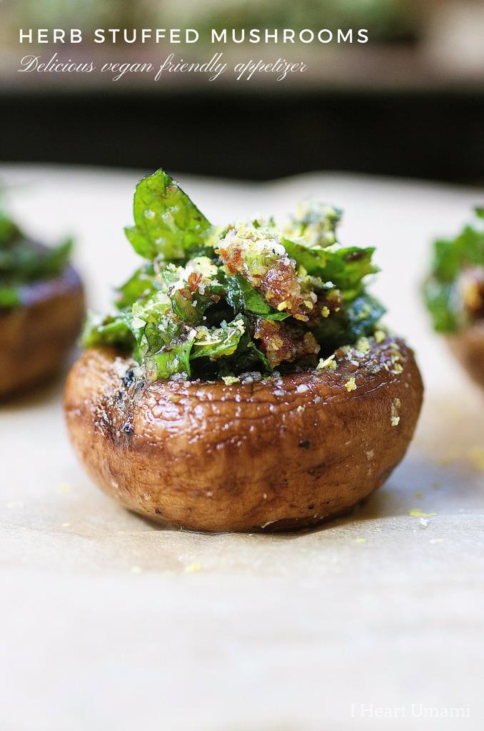 Easy and “cheesy” Herb Stuffed Mushrooms that are gluten, dairy free and vegan friendly. Perfect make ahead appetizer and side dish recipe !