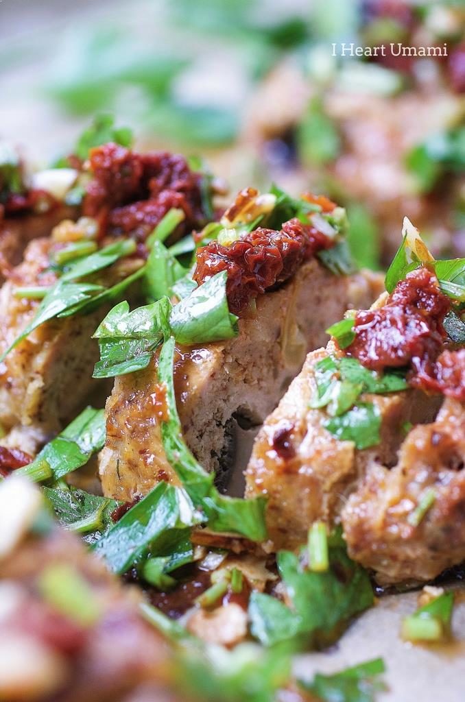 Gluten dairy and egg free low carb Mini Turkey Meatloaves recipe with savory herbs and sun-dried tomatoes in lemony sauce dressing.