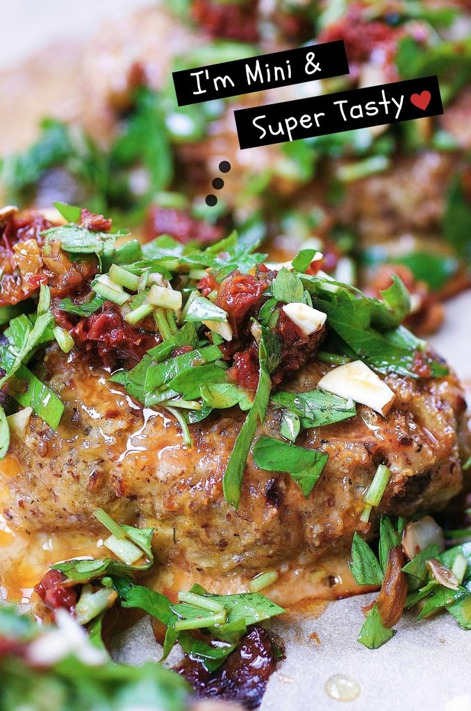 Gluten dairy and egg free low carb Mini Turkey Meatloaves recipe with savory herbs and sun-dried tomatoes in lemony sauce dressing.