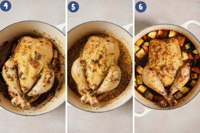 Person demos sear the whole chicken, add broth and vegetables to a Dutch oven to roast