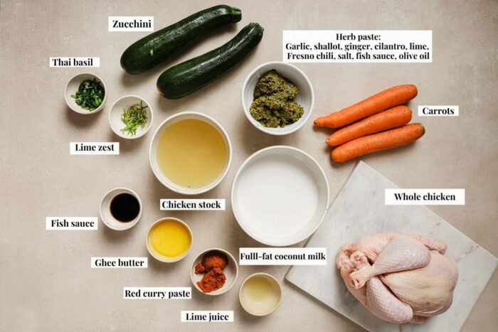 Ingredients needed to make a Dutch oven whole chicken