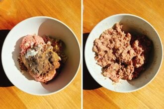 Two side-by-side bowls on a wooden surface: the left bowl holds raw lamb meat, spices, and chopped onions for cumin lamb meatballs; the right bowl shows the ingredients mixed together into a uniform Xi'an-inspired meat mixture.