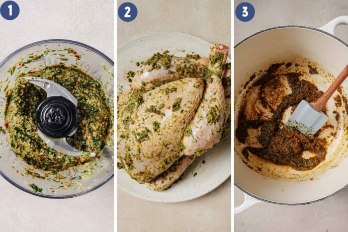 Person demos blending the homemade fresh herb, smothered the whole chicken, and sauteing the paste in a Dutch oven