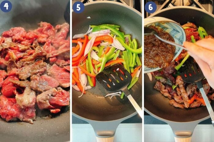 Step-by-step photo shows pan sear the beef and saute the veggies, then toss with the pepper steak sauce