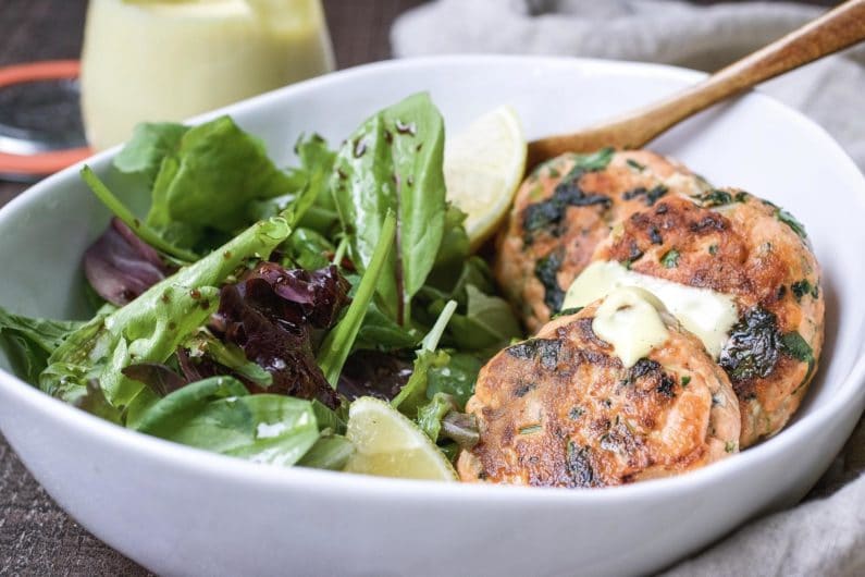 Paleo Salmon Cakes Recipe without egg, dairy, mayo, and anchovies.