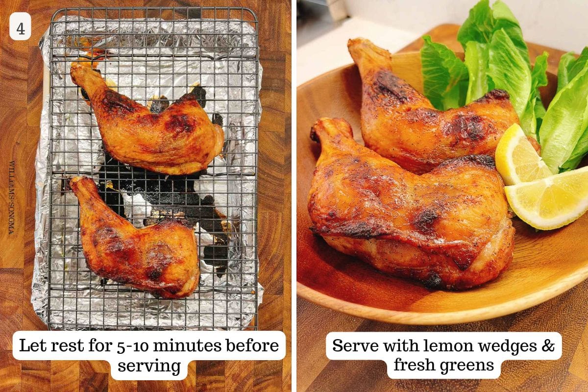 Photo shows baked chicken leg quarters to golden brown and how to serve it Japanese style.