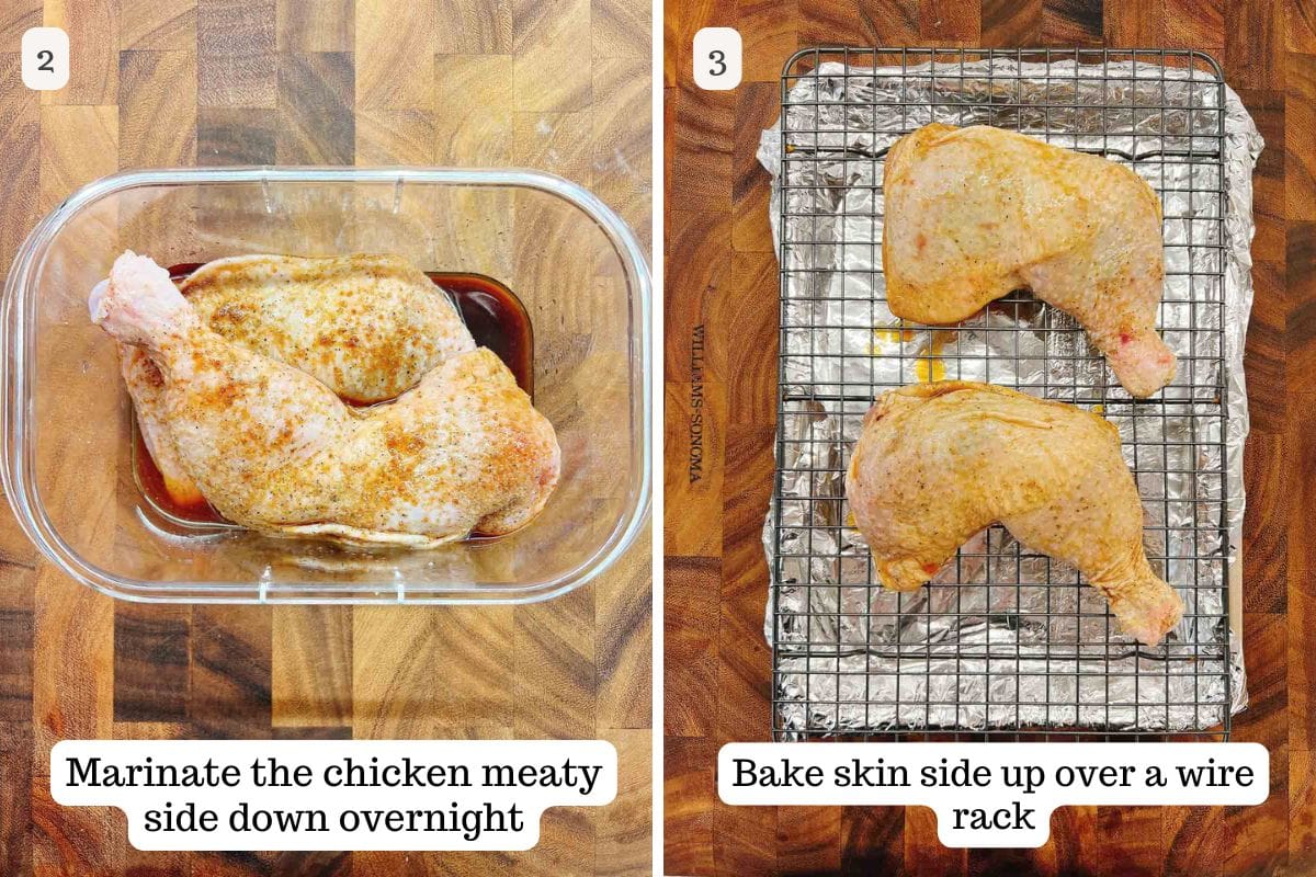 Person demos how to marinate the hindquarters and baking to the most flavorful and crispy chicken.