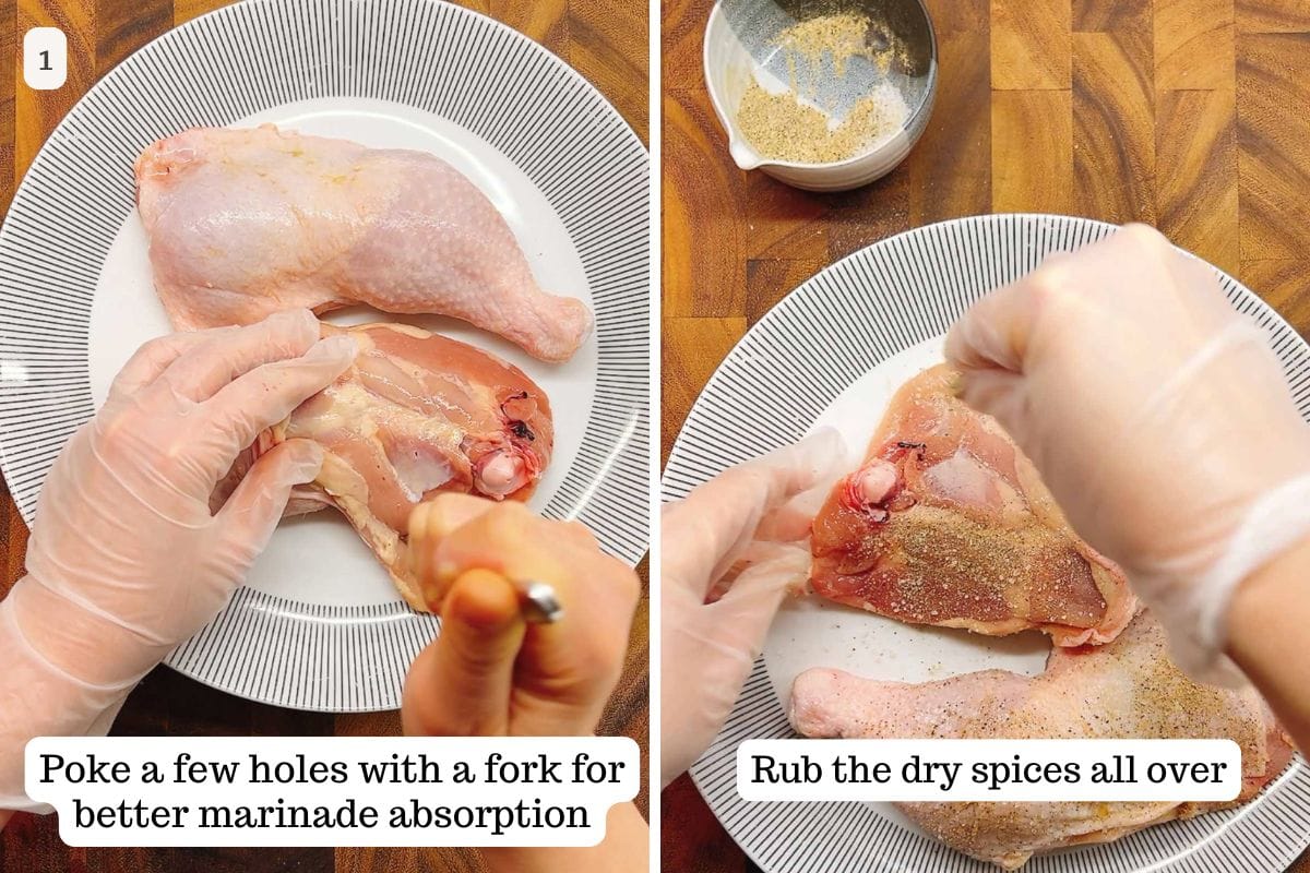 Person demos poking holes over leg quarters for easy marinating and sprinkle seasonings over.