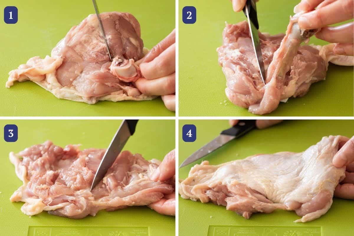 Four-step photo guide showing hands using a knife to debone a raw chicken thigh on a green cutting board—perfect for preparing Crispy Thai Chicken, with each step leaving the meat flatter and boneless by the last image.