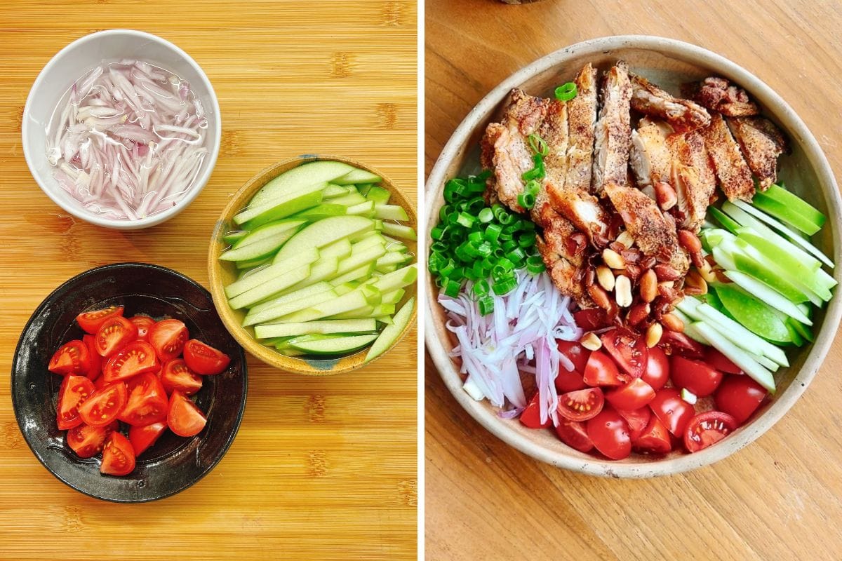 Two images side by side: one with bowls of sliced shallots, green apple, and cherry tomatoes; the other featuring a vibrant Crispy Thai Chicken Salad topped with green onions, cucumbers, tomatoes, and peanuts.