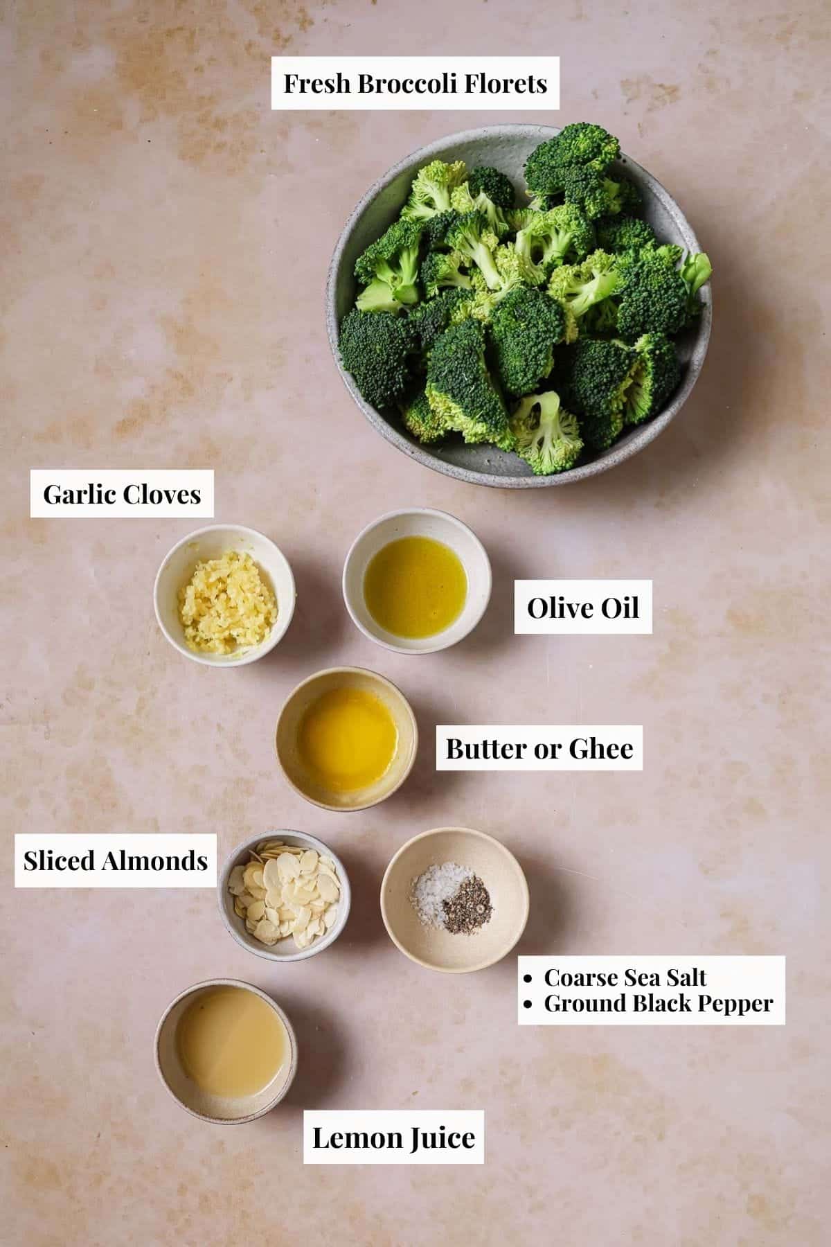 Ingredients used for buttered garlic broccoli.