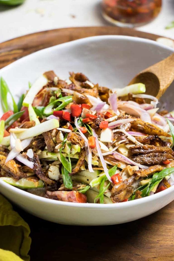 Whole30 Paleo Crispy Thai Chicken Salad Recipe with Apples in Thai salad dressing.