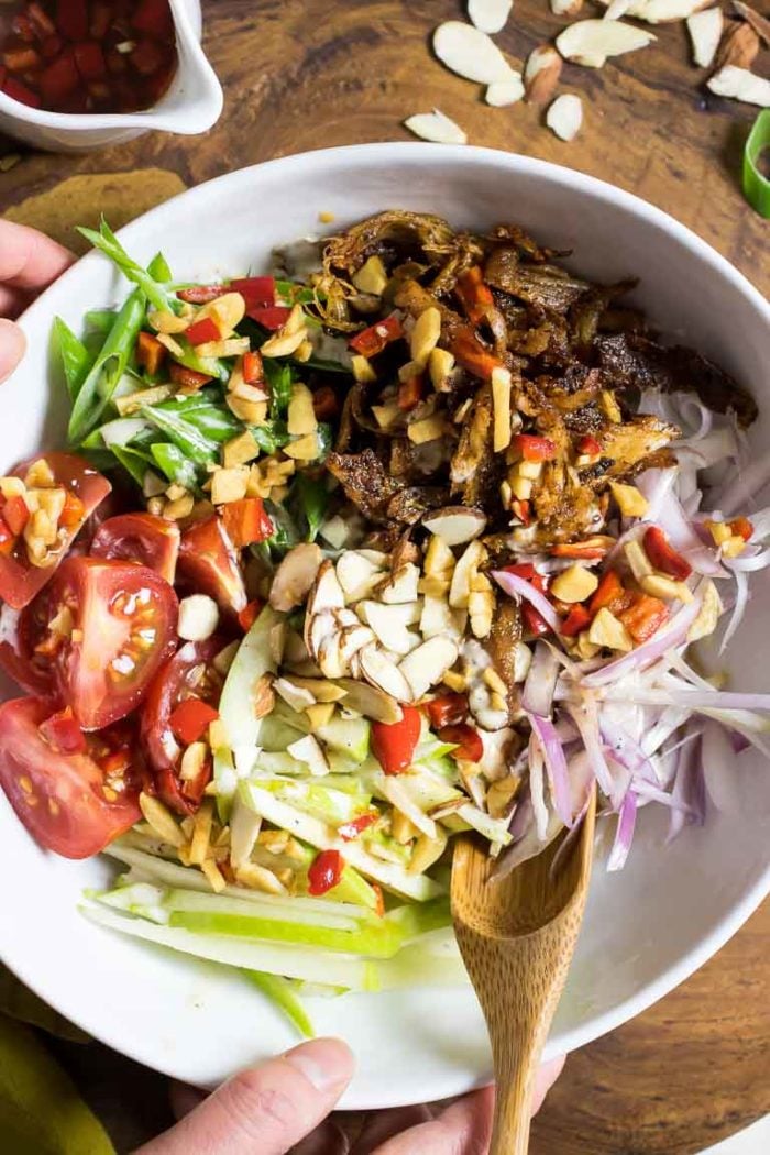 Whole30 Paleo Crispy Thai Chicken Salad Recipe with Apples in Thai salad dressing.
