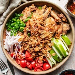 A bowl filled with Crispy Thai Chicken, sliced green onions, shallots, green apple slices, cherry tomato halves, peanuts and crispy fried shallots on top, all arranged neatly in sections for a vibrant Thai Chicken Salad.