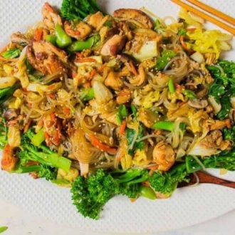 Korean Sweet Potato Noodles Paleo Japchae Stir-Fry with Chicken and Cabbage Recipe No soy, gluten, wheat and dairy.
