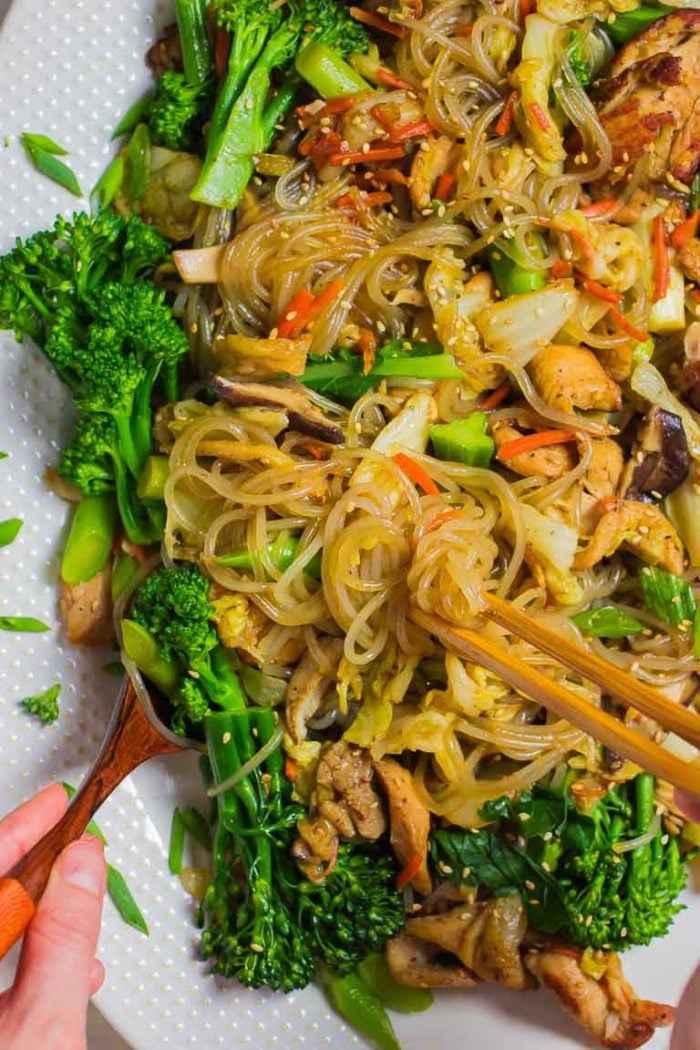 Korean Sweet Potato Noodles Paleo Japchae Stir-Fry with Chicken and Cabbage Recipe No soy, gluten, wheat and dairy.