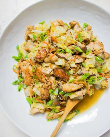 Paleo Chicken Stir-Fry Recipe with Napa Cabbage and Shiitake Mushrooms.